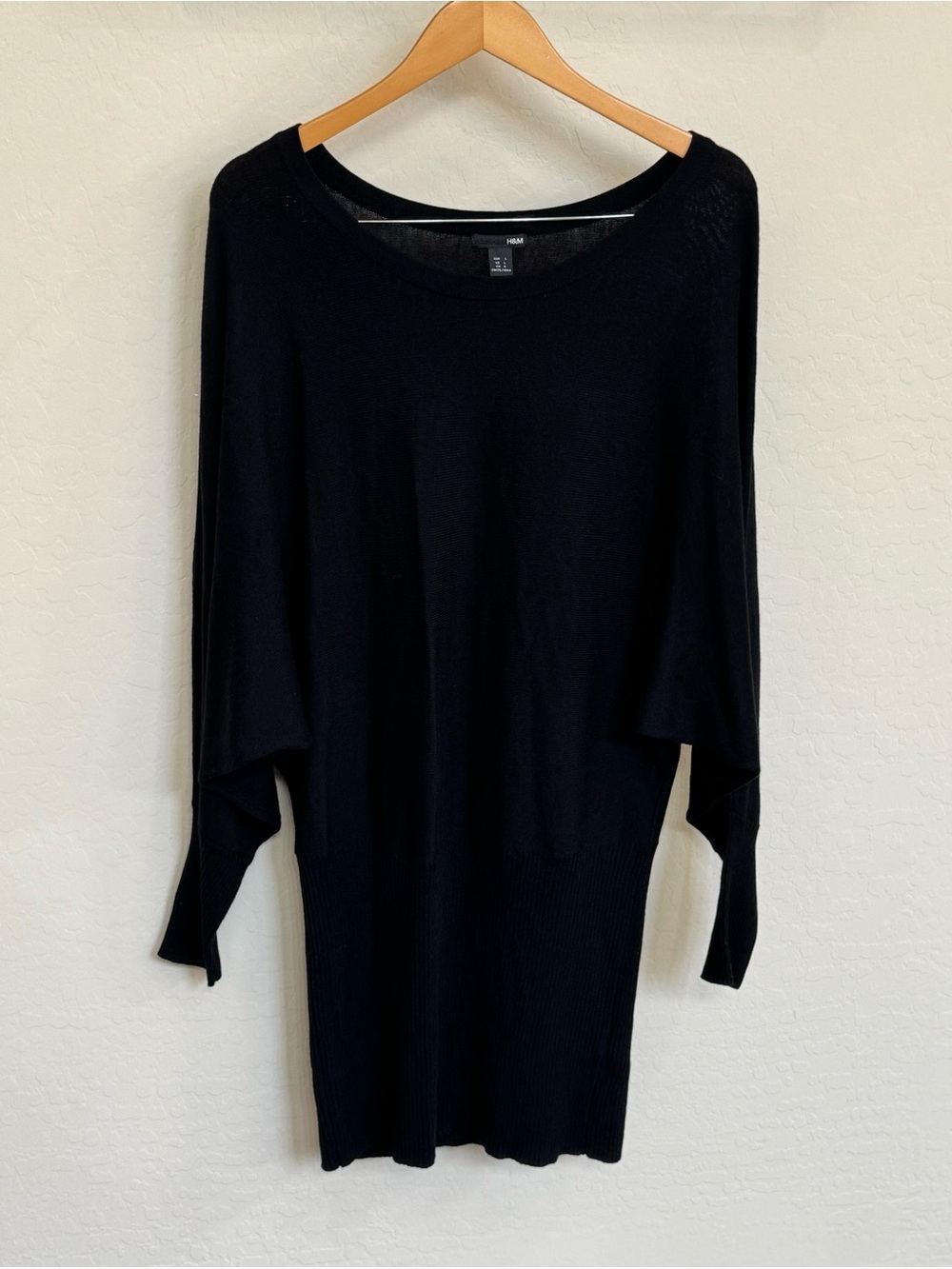 H&M Black Knit Dolman Sleeve Tunic Sweater Wool Blend Large